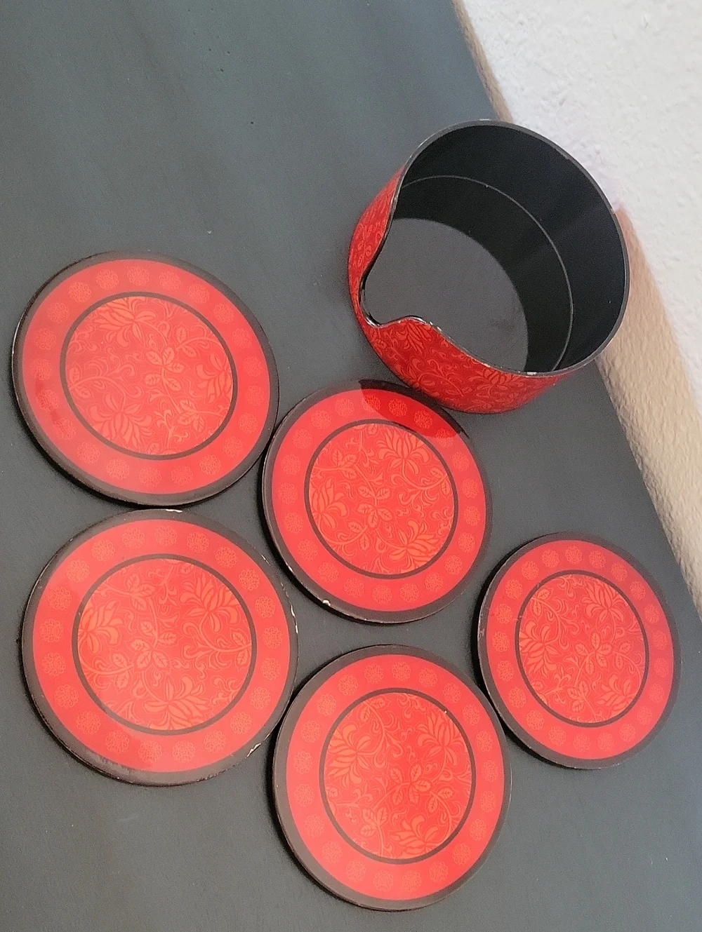 Vintage Japanese Laquerware Red Floral Coaster Set with Holder